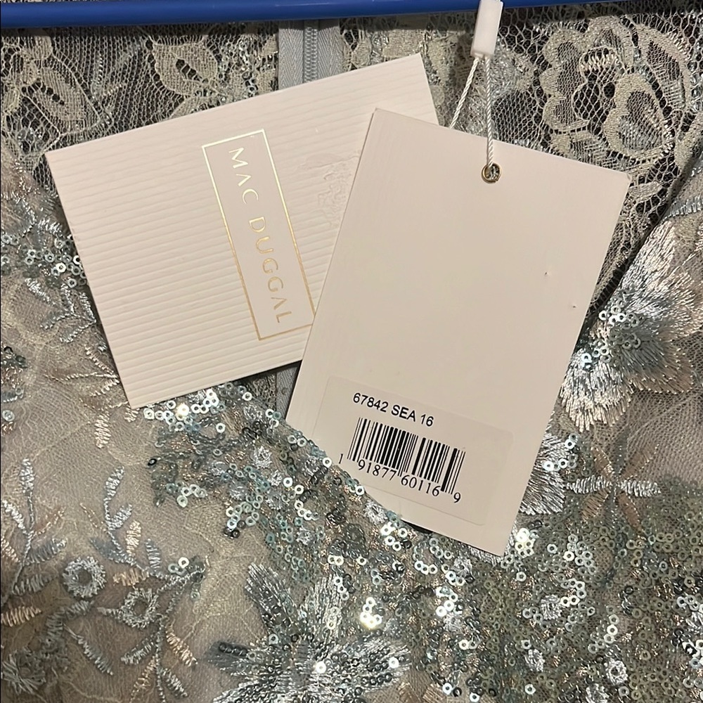 Mac Duggal Silver Sequin Lace Gown